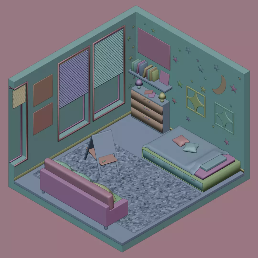 Isometric Bedroom Scene - Stylized Low-Poly Interior Diorama Low-poly 3D model_12