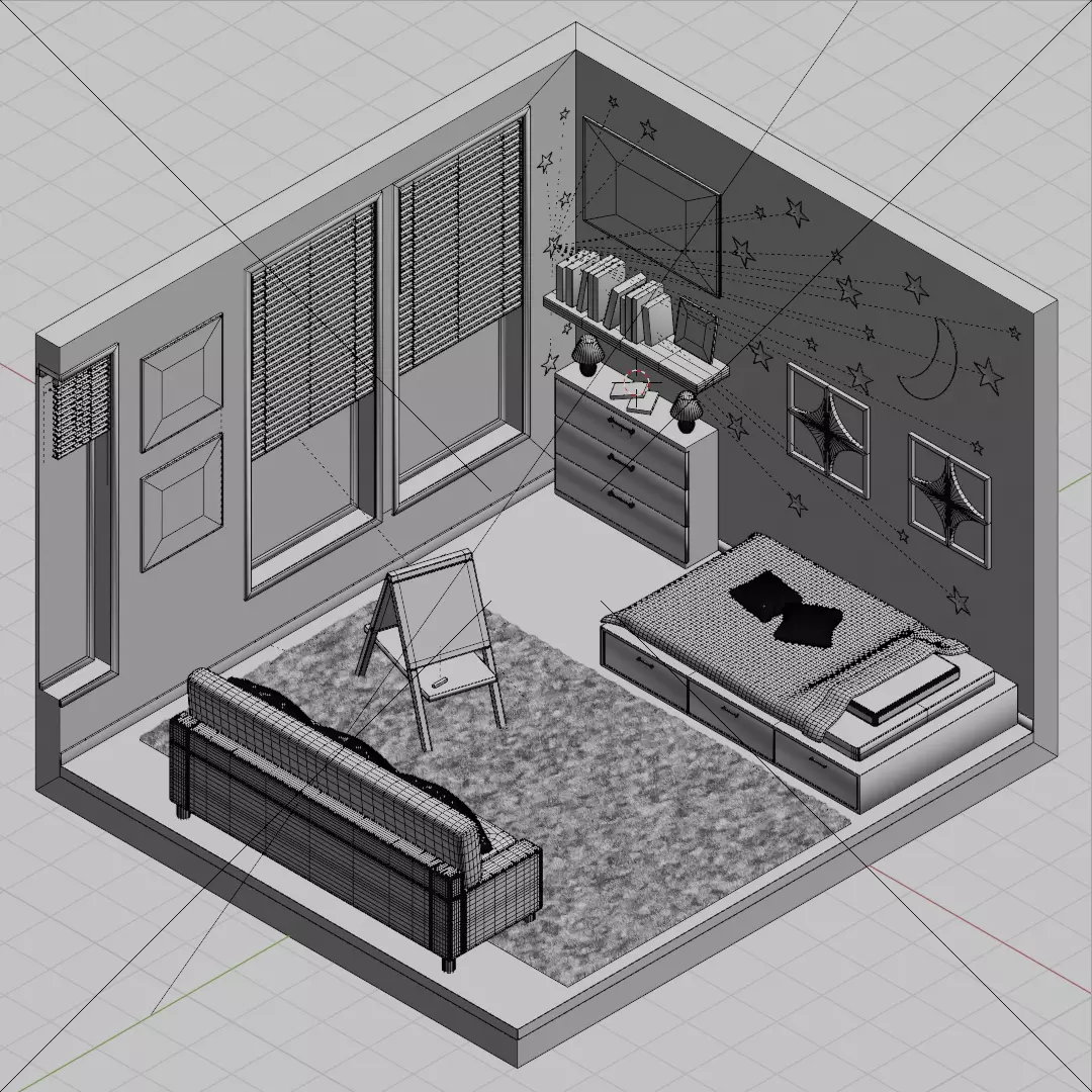 Isometric Bedroom Scene - Stylized Low-Poly Interior Diorama Low-poly 3D model_6