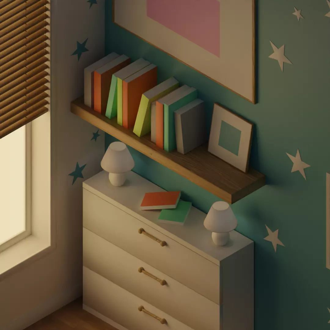 Isometric Bedroom Scene - Stylized Low-Poly Interior Diorama Low-poly 3D model_3