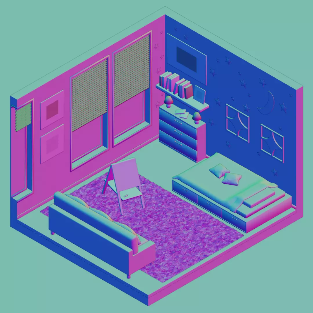 Isometric Bedroom Scene - Stylized Low-Poly Interior Diorama Low-poly 3D model_10