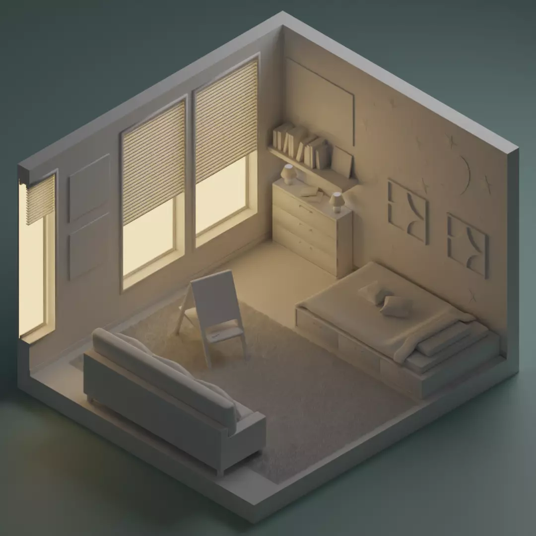 Isometric Bedroom Scene - Stylized Low-Poly Interior Diorama Low-poly 3D model_5