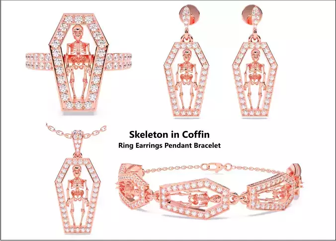 Skeleton in Coffin Ring Earrings Pendant Bracelet Set