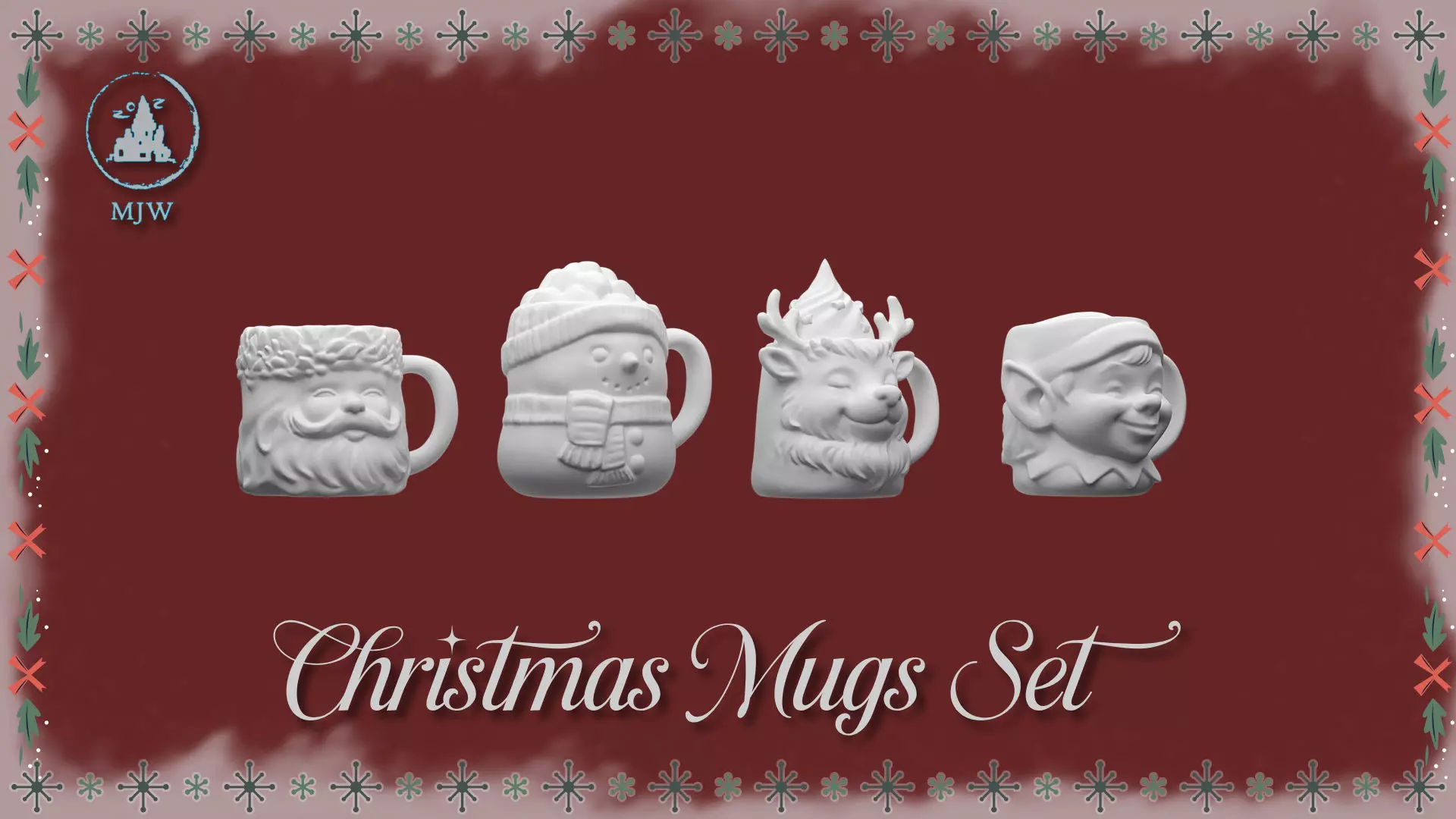 Christmas Mugs Set Santa Snowman Reindeer and Elf 3D print model_3