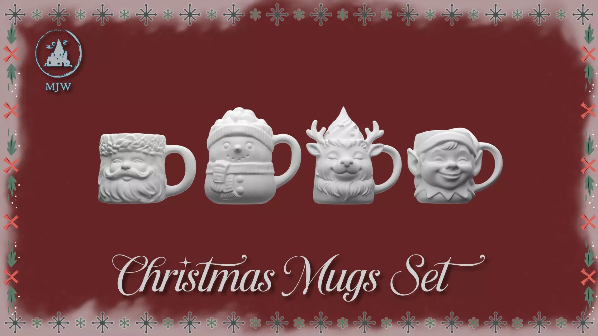 Christmas Mugs Set Santa Snowman Reindeer and Elf 3D print model_2
