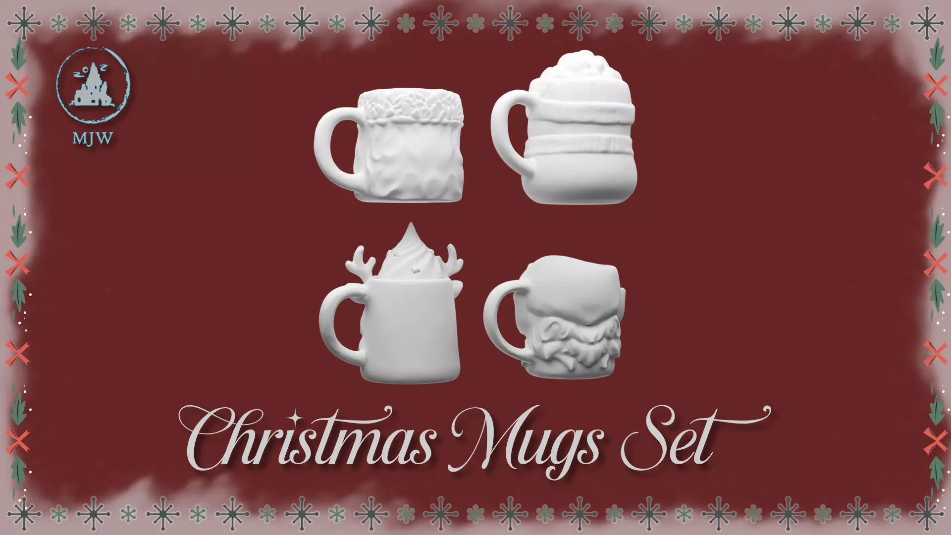 Christmas Mugs Set Santa Snowman Reindeer and Elf 3D print model_1