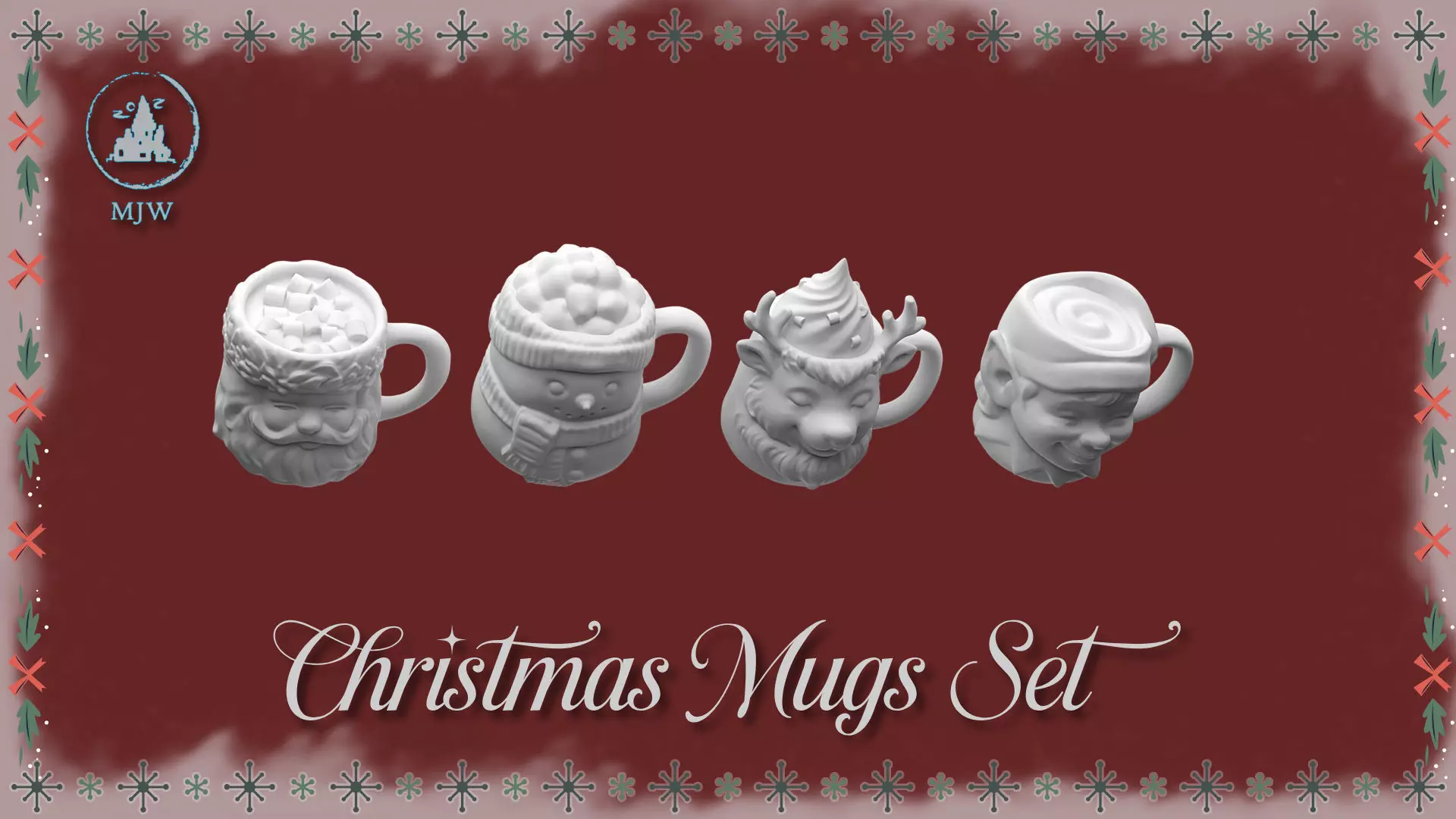 Christmas Mugs Set Santa Snowman Reindeer and Elf 3D print model_4