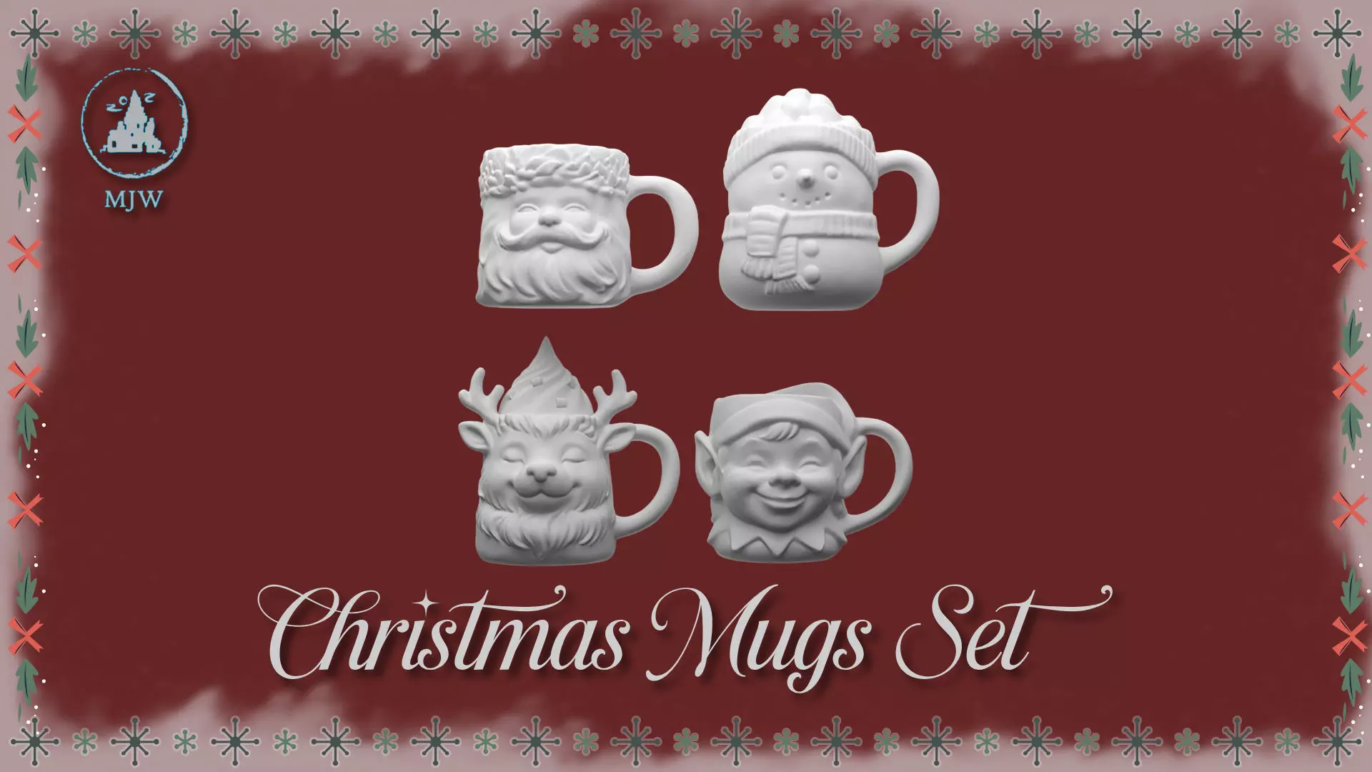 Christmas Mugs Set Santa Snowman Reindeer and Elf 3D print model_0
