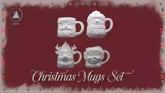 Christmas Mugs Set Santa Snowman Reindeer and Elf 3D print model Christmas Mugs Set Santa Snowman Reindeer and Elf 3D print model