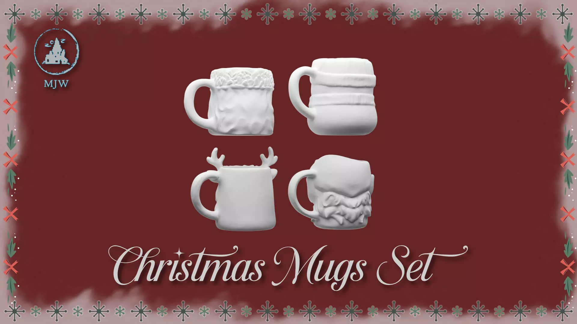 Empty Christmas Mugs Set  Santa Snowman Reindeer and Elf 3D print model_1