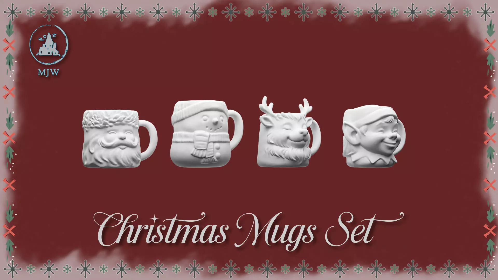 Empty Christmas Mugs Set  Santa Snowman Reindeer and Elf 3D print model_4