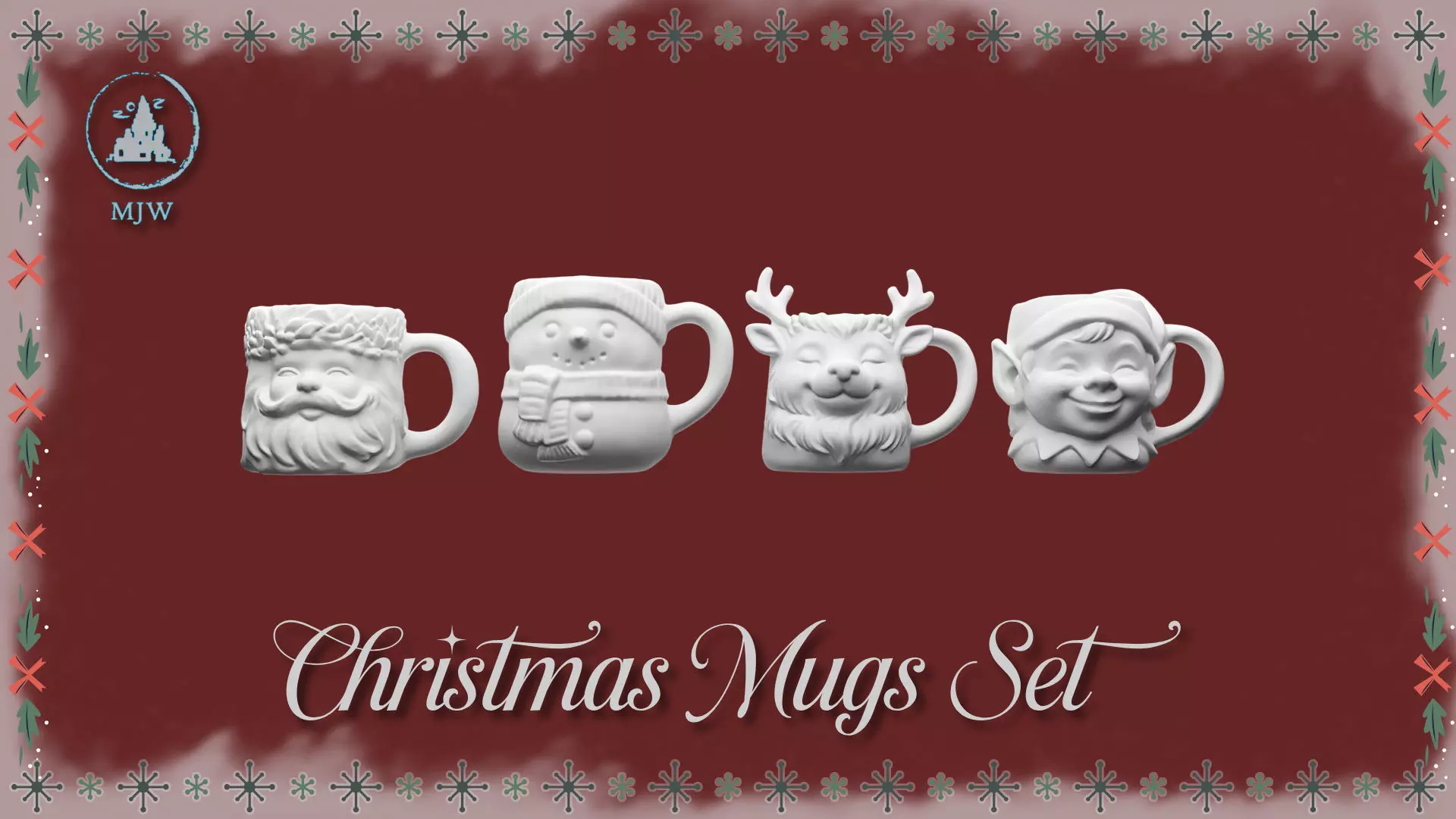 Empty Christmas Mugs Set  Santa Snowman Reindeer and Elf 3D print model_2