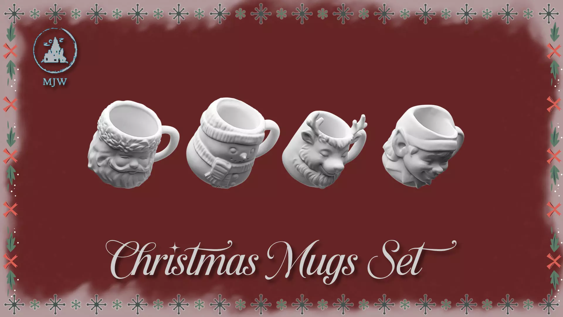 Empty Christmas Mugs Set  Santa Snowman Reindeer and Elf 3D print model_3
