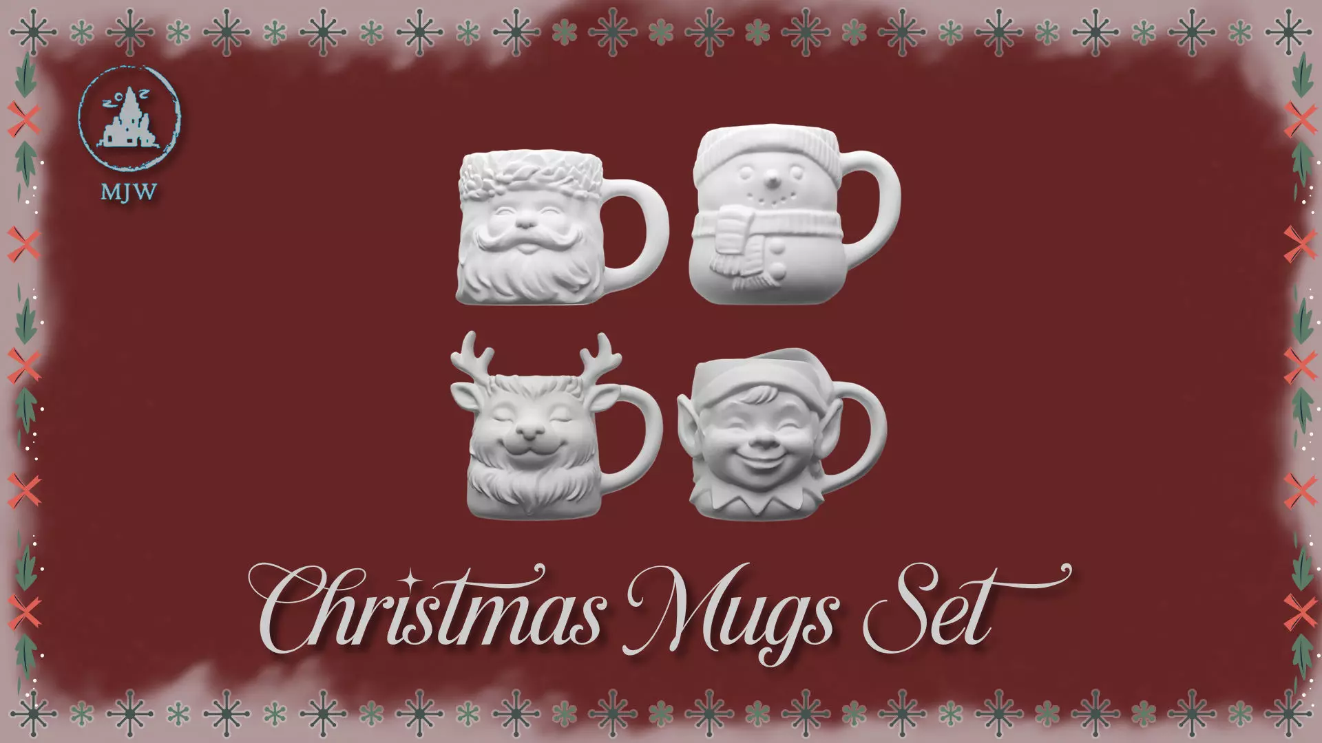 Empty Christmas Mugs Set  Santa Snowman Reindeer and Elf 3D print model_0
