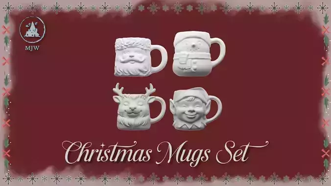 Empty Christmas Mugs Set  Santa Snowman Reindeer and Elf 3D print model