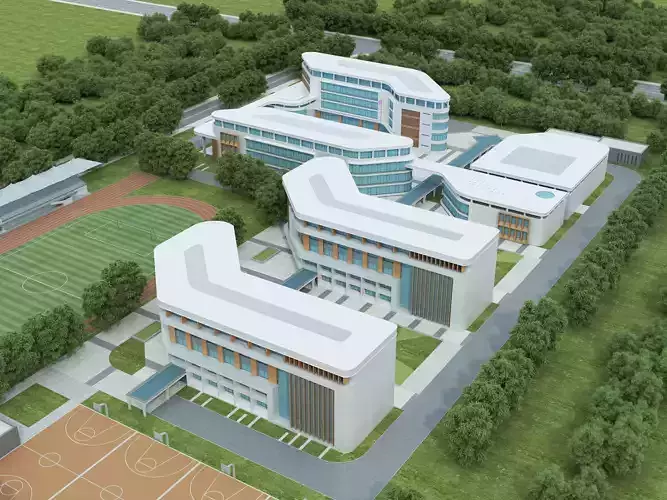 Modern school building 09 Low-poly 3D model 7