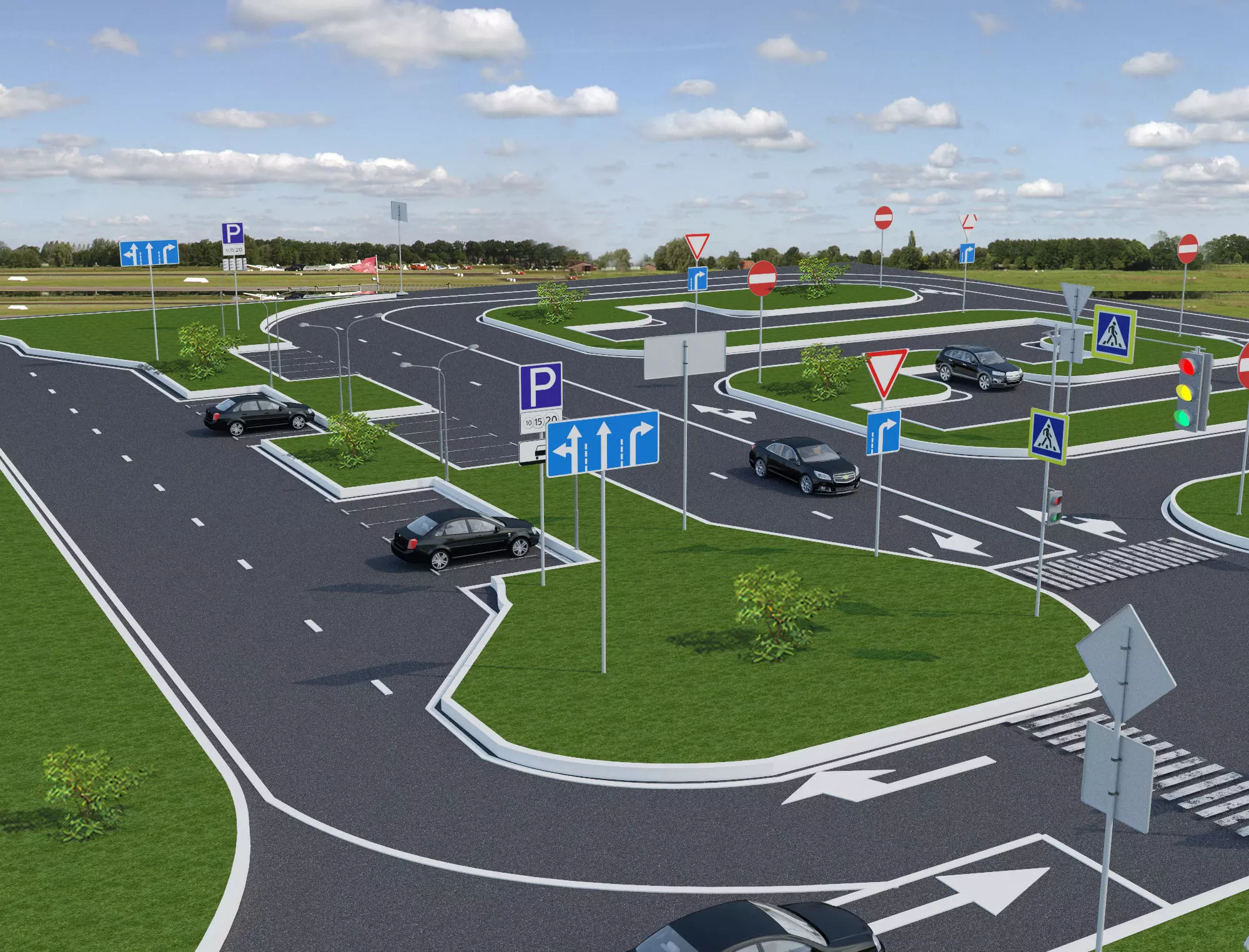 Realistic Road Intersection with Traffic Signs  3D CityCrossroad Low-poly 3D model_2