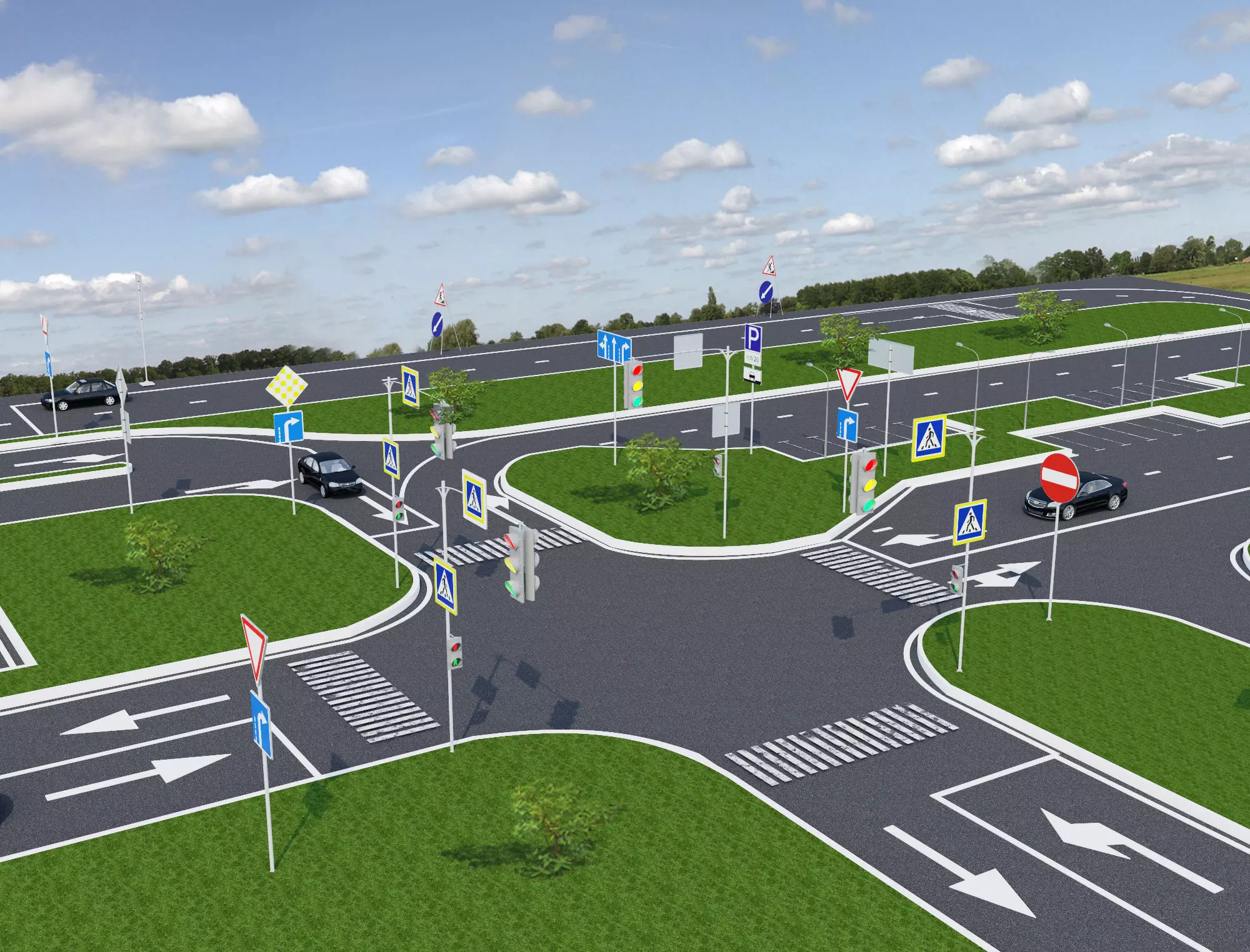 Realistic Road Intersection with Traffic Signs  3D CityCrossroad Low-poly 3D model_0
