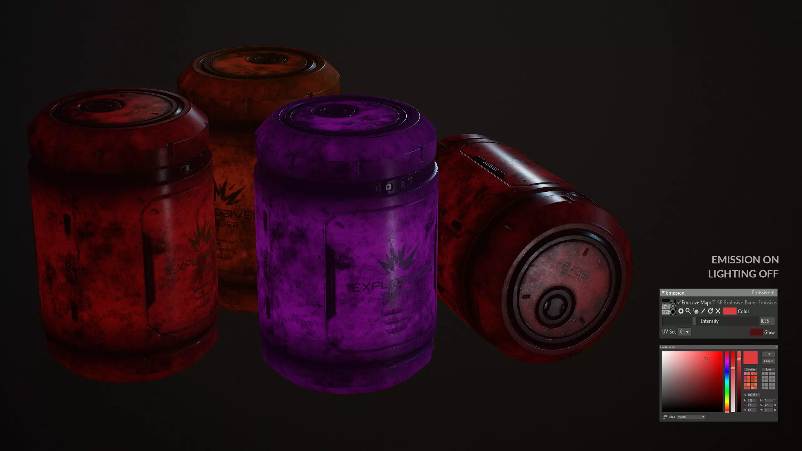 Sci-Fi Explosive Barrel 4 Color Options LODs - PBR Game Ready Low-poly 3D model_5