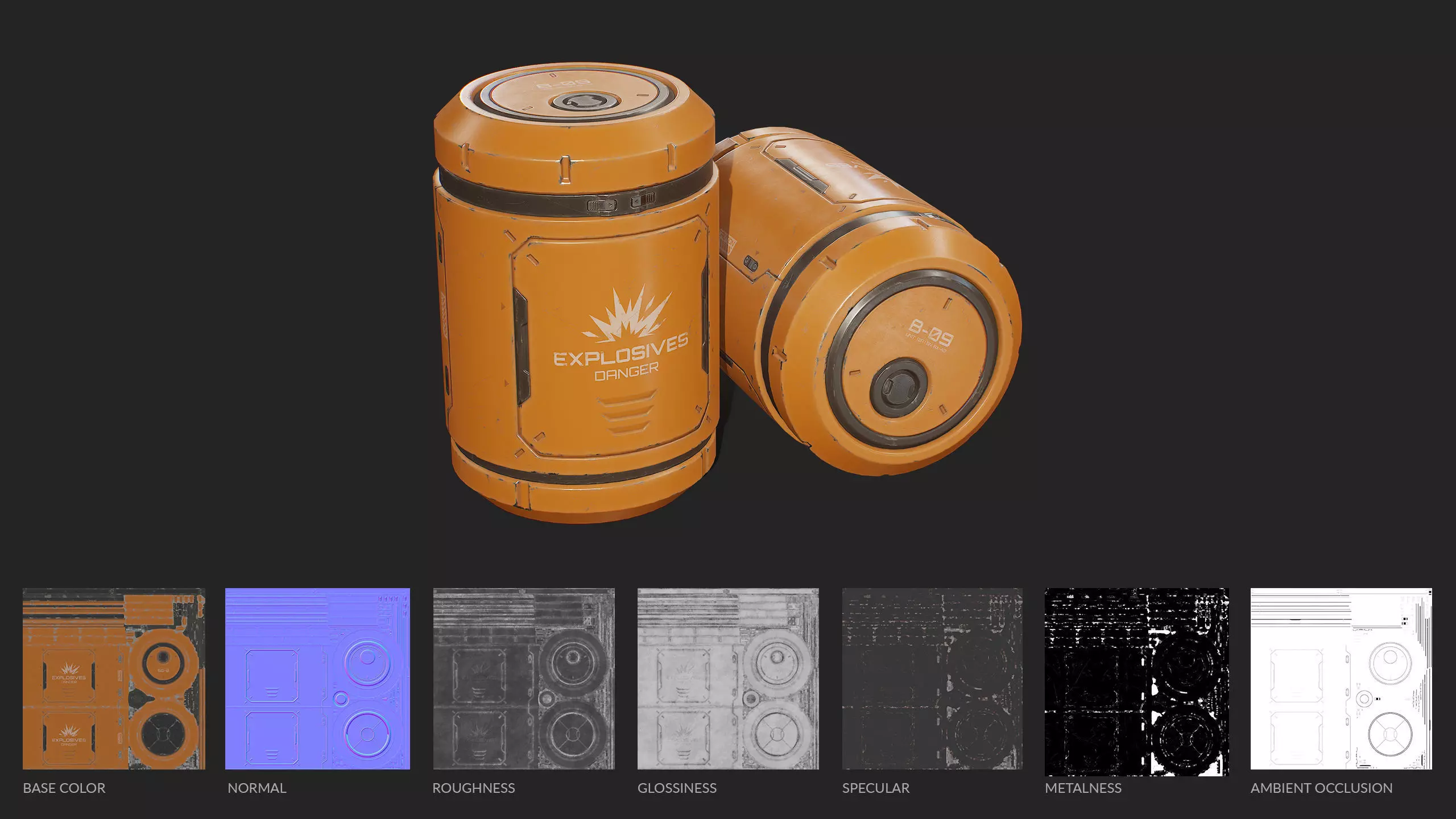 Sci-Fi Explosive Barrel 4 Color Options LODs - PBR Game Ready Low-poly 3D model_15