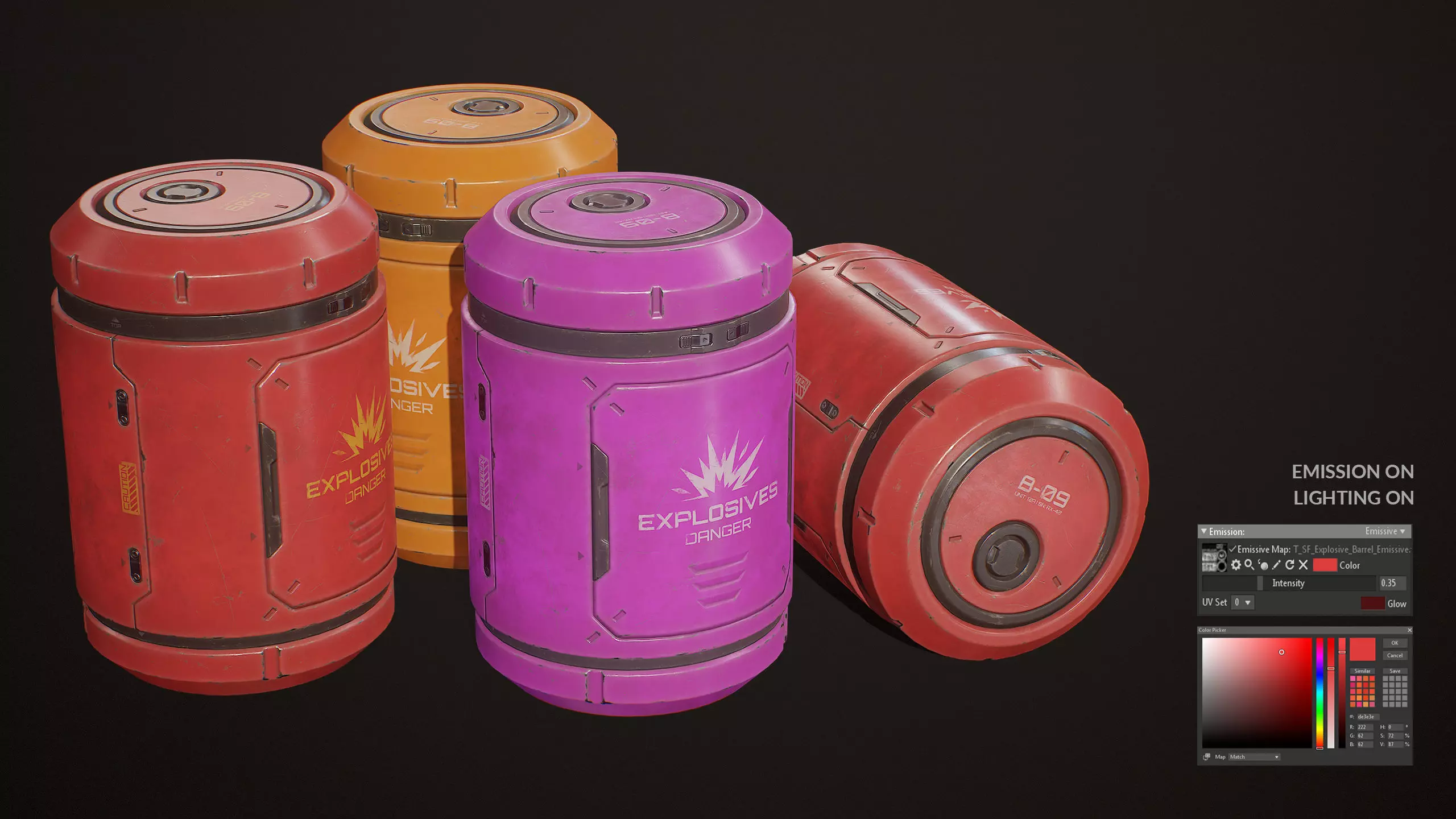 Sci-Fi Explosive Barrel 4 Color Options LODs - PBR Game Ready Low-poly 3D model_6