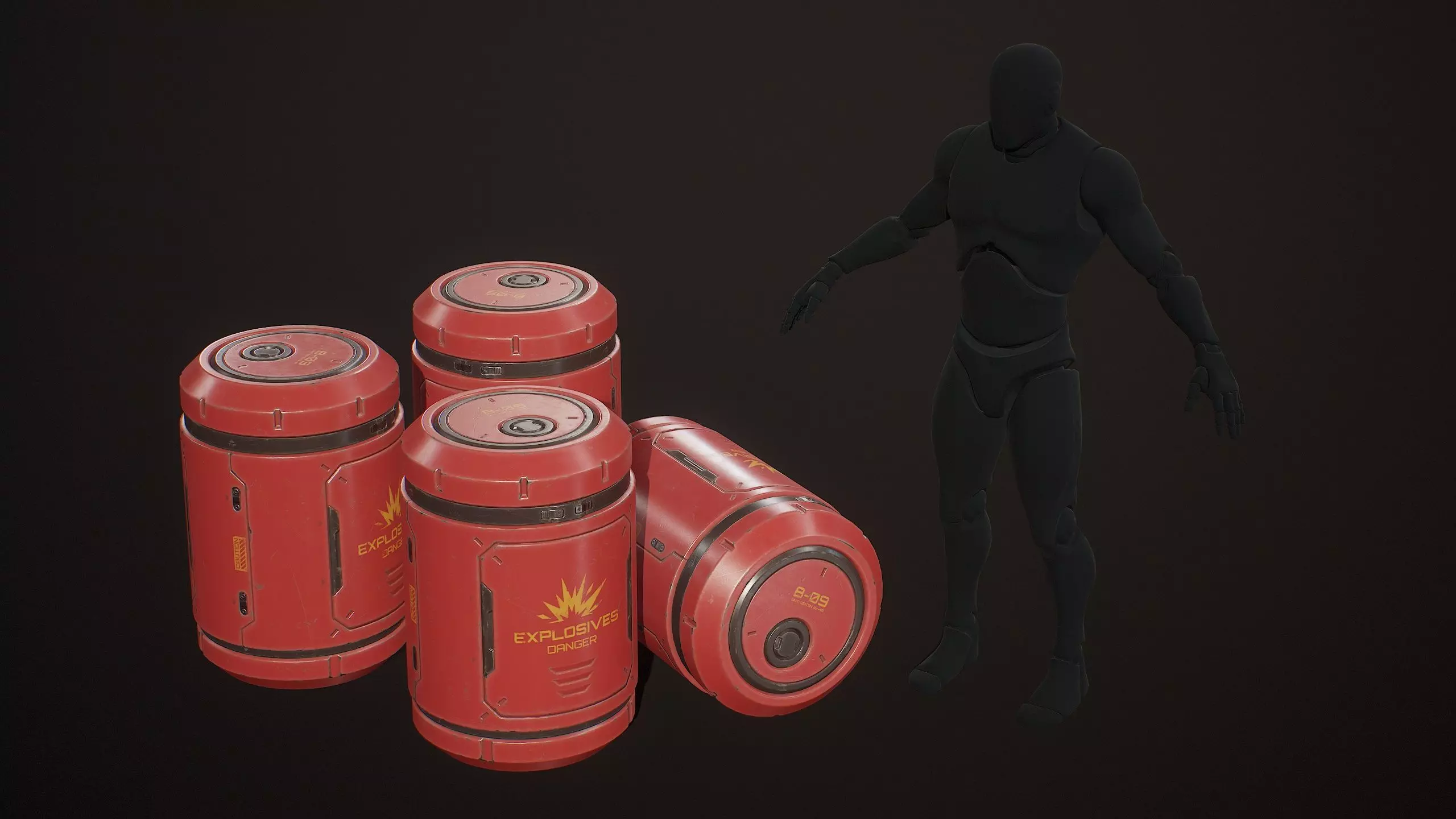 Sci-Fi Explosive Barrel 4 Color Options LODs - PBR Game Ready Low-poly 3D model_13