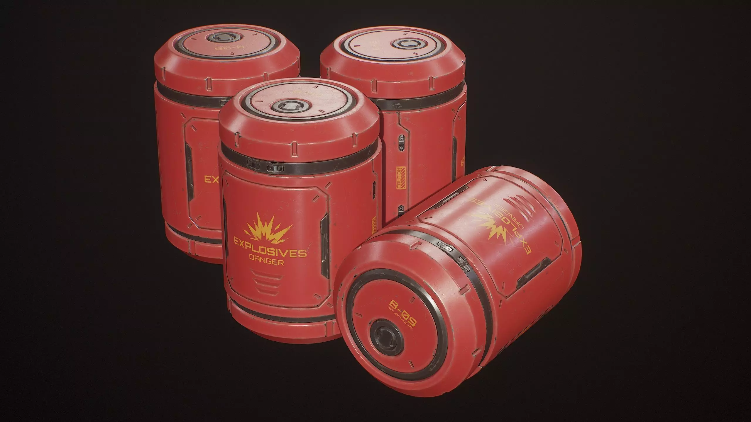 Sci-Fi Explosive Barrel 4 Color Options LODs - PBR Game Ready Low-poly 3D model_8