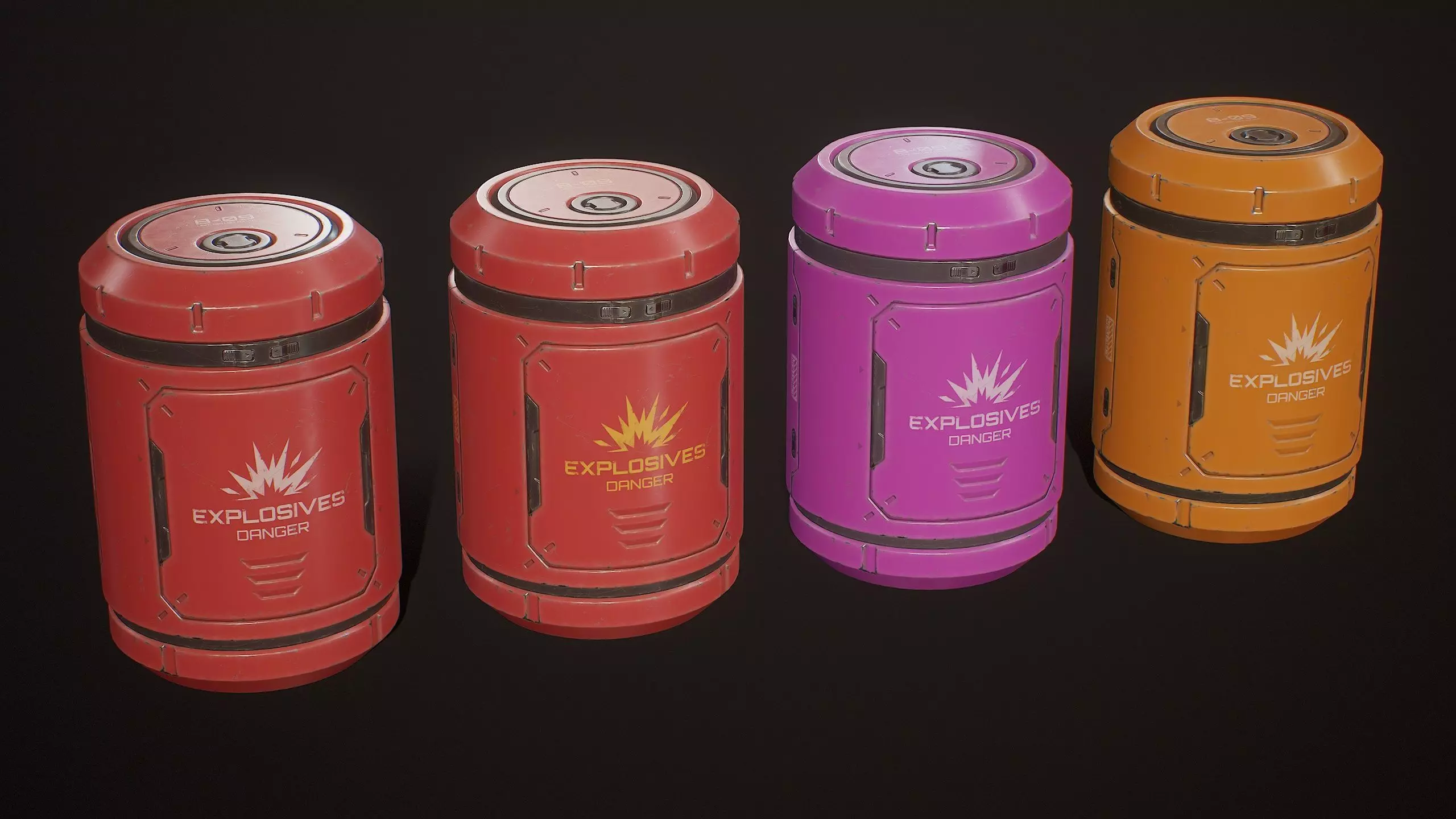 Sci-Fi Explosive Barrel 4 Color Options LODs - PBR Game Ready Low-poly 3D model_4