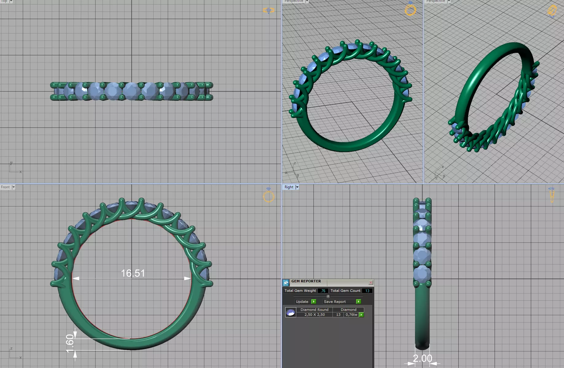 Half Eternity Ring 13 gems U shaped Matching Band Ring 3D print model_8