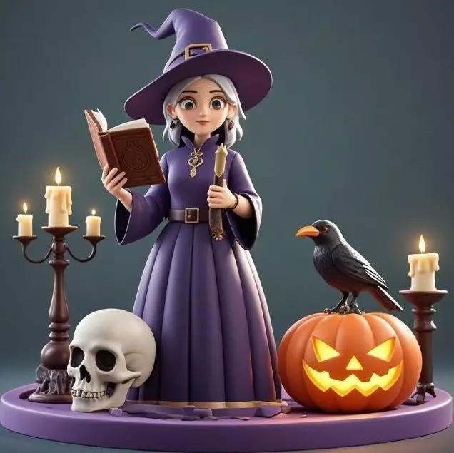 2738Witch with Spell book Skull Raven Pumpkin Color 3D Model 3D print model_9