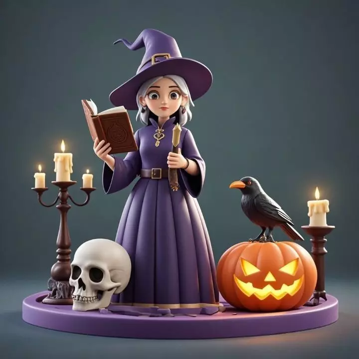 2738Witch with Spell book Skull Raven Pumpkin Color 3D Model 3D print model_0