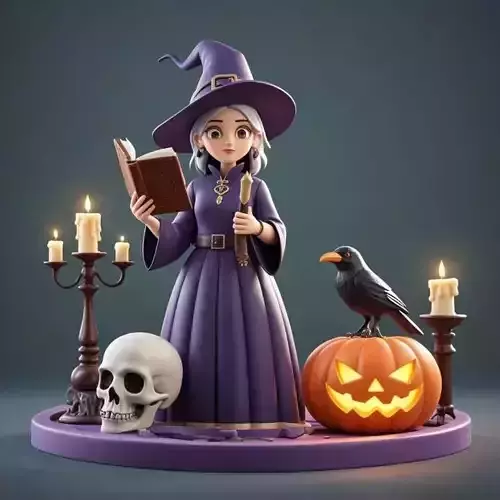2738Witch with Spell book Skull Raven  Pumpkin Color 3D Model