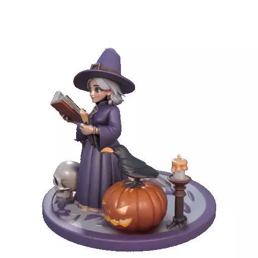 2738Witch with Spell book Skull Raven Pumpkin Color 3D Model 3D print model_36