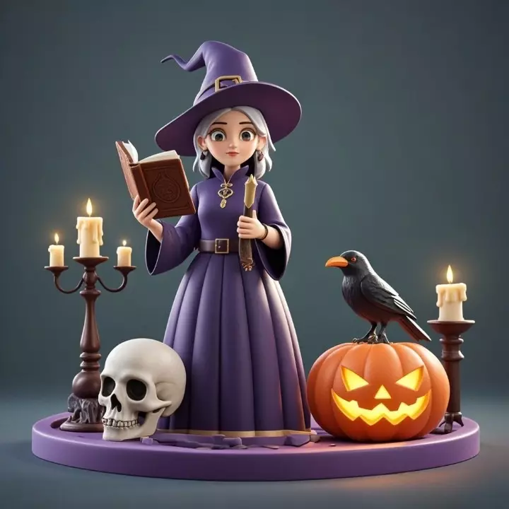 2738Witch with Spell book Skull Raven Pumpkin Color 3D Model 3D print model_4