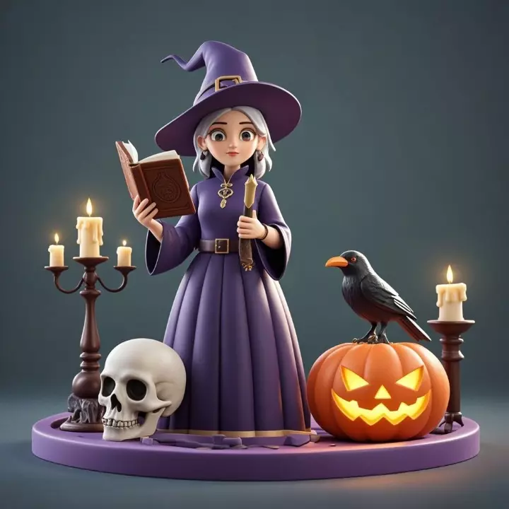 2738Witch with Spell book Skull Raven Pumpkin Color 3D Model 3D print model_2