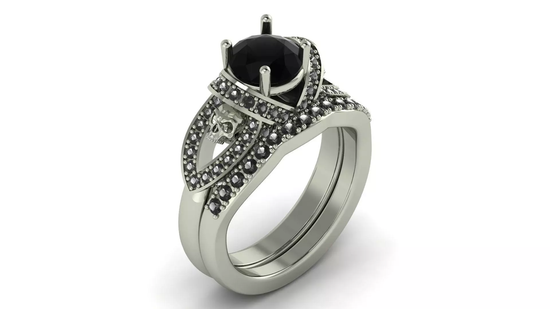 Skull ring with Diamond Stack Band STL Printable ring set 3D print model_1