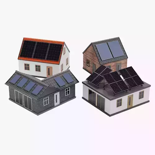 4 Solar Houses Set - Eco Buildings with Photovoltaic Panels 3D model