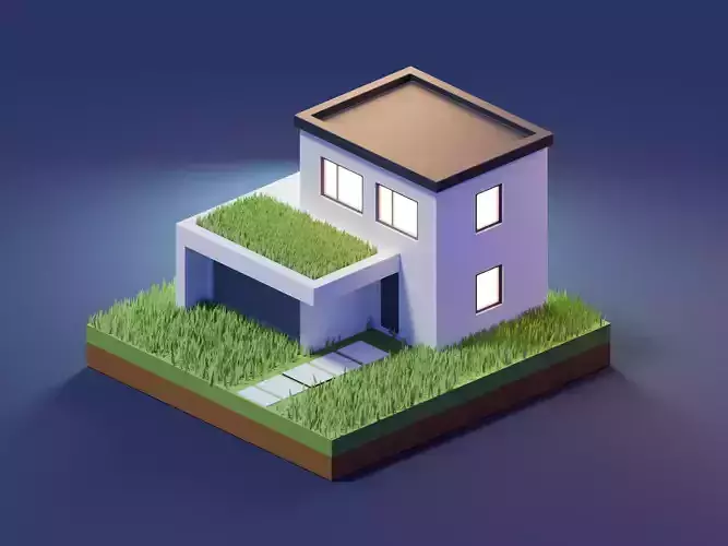 Low Poly Isometric Modern House Diorama Game Asset