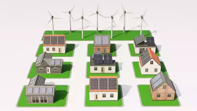 Sustainable Village - Solar Panel Houses and Wind Turbines Scene 3D model