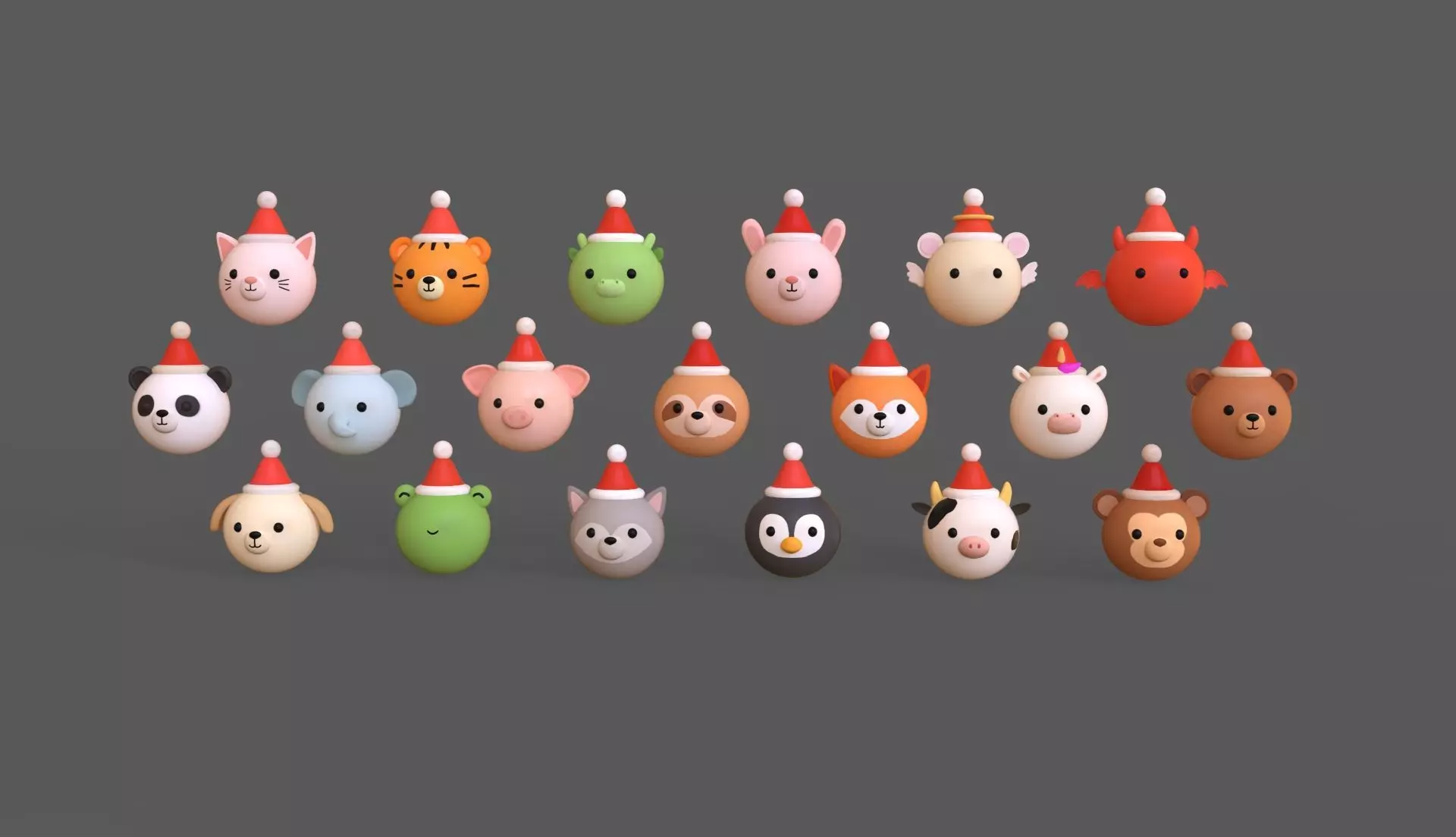 Cute Christmas Animal Head Pack 01 Low-poly 3D model_4