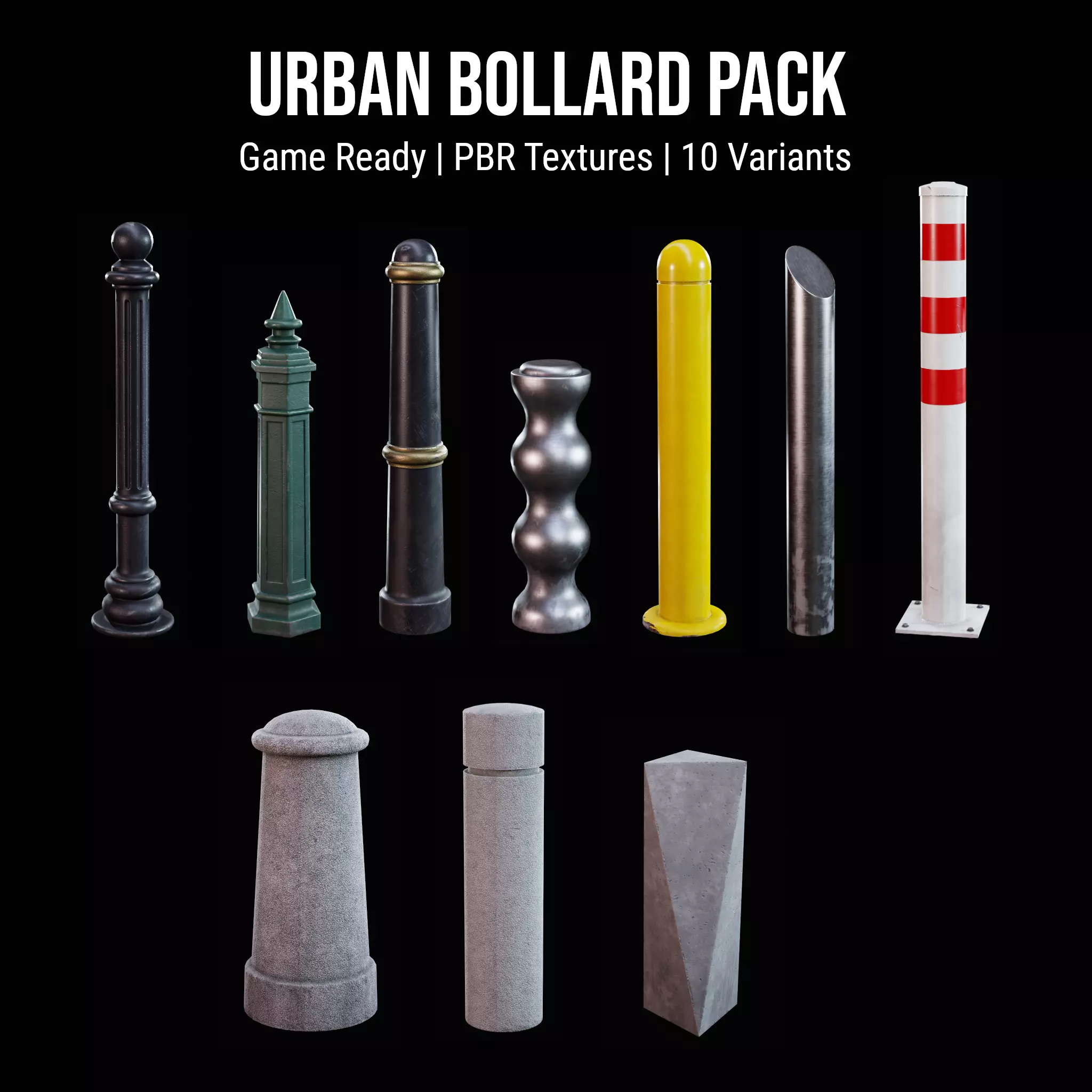 Urban Bollard Pack - Game Ready PBR Low-poly 3D model