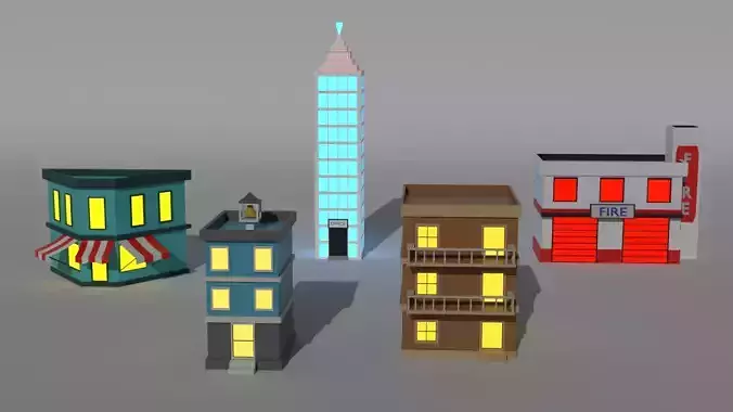 Low Poly Stylized City Buildings Pack 5 Models Game Ready Assets Low-poly 3D model