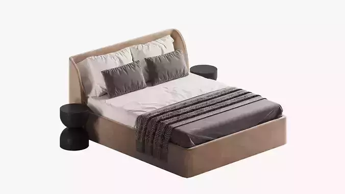 Beige bed with black nightstands
