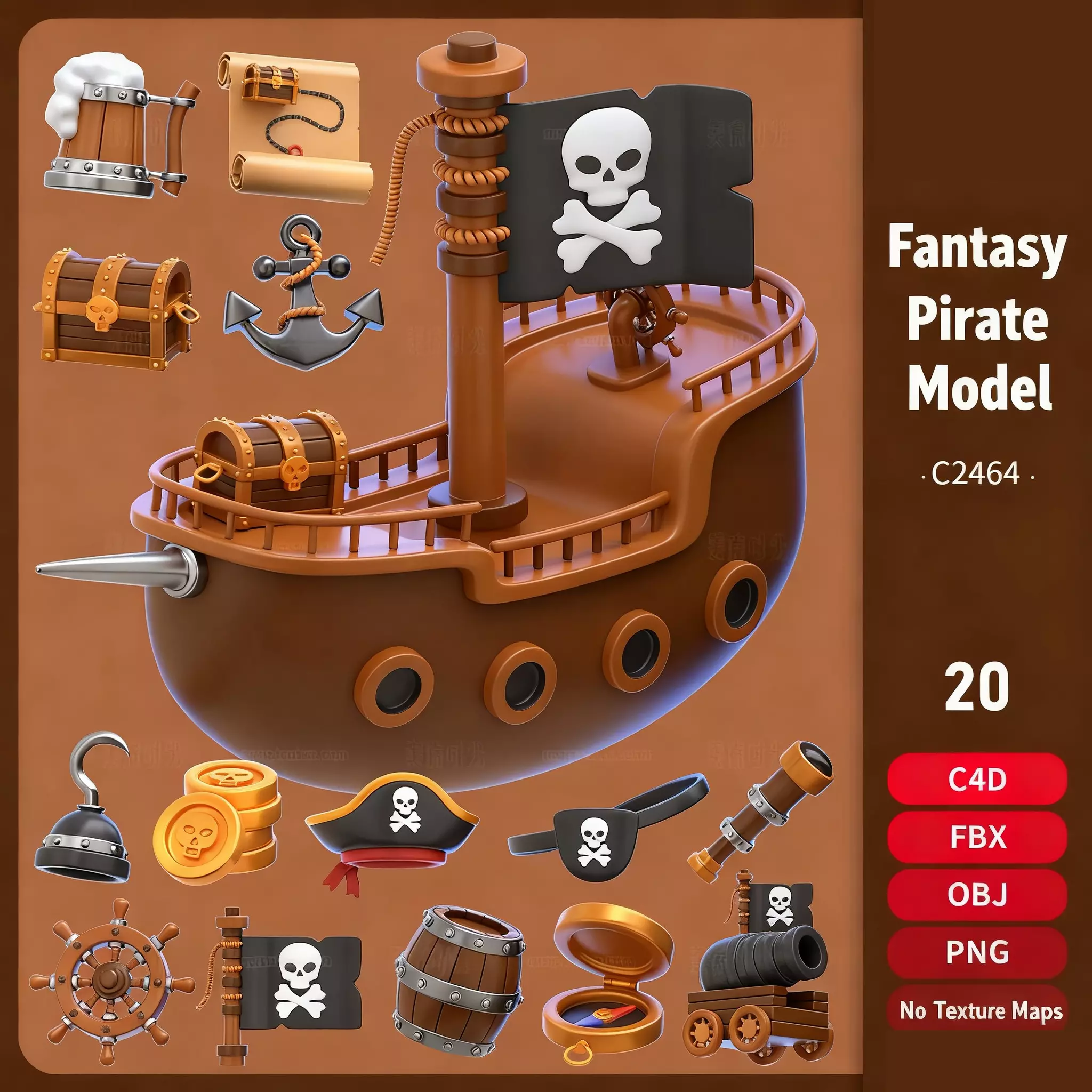Fantasy Pirate Model with 20 Pirate Elements in C4D FBX OBj 3D model_0