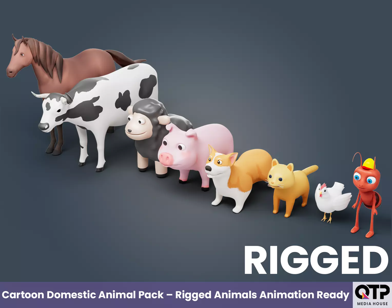 Cartoon Domestic Animal Pack Rigged 3D Models Animation Ready Low-poly 3D model_0