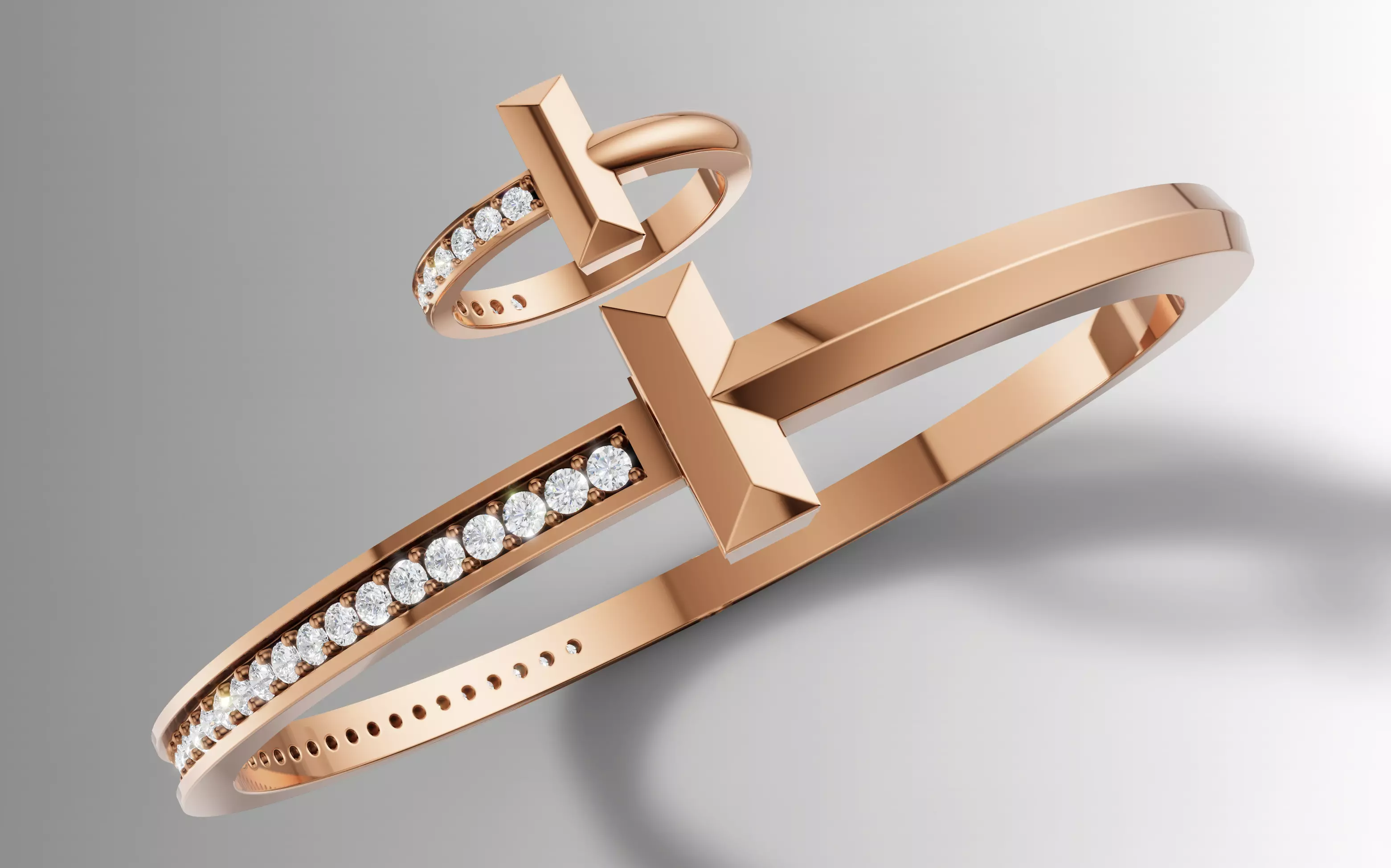 Tiffany Style T Diamond Ring Bangle Jewelry Set Cad File 3D print model_2