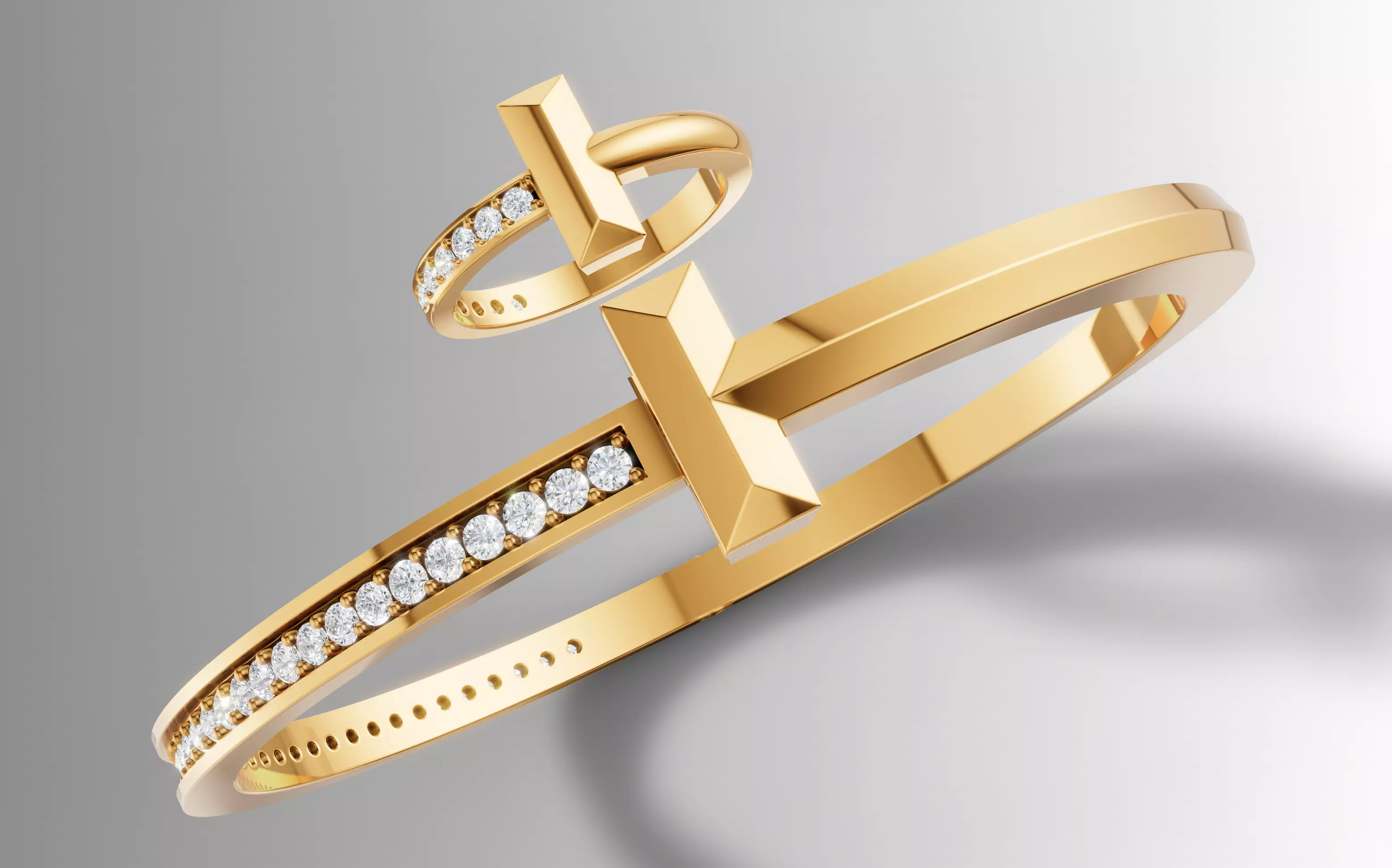 Tiffany Style T Diamond Ring Bangle Jewelry Set Cad File 3D print model_1