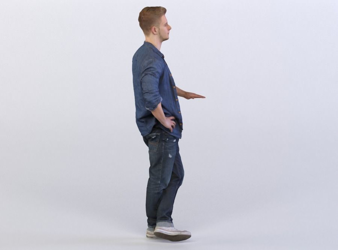 Leo 0048 Man in a denim shirt resting on invisible table, legs crossed