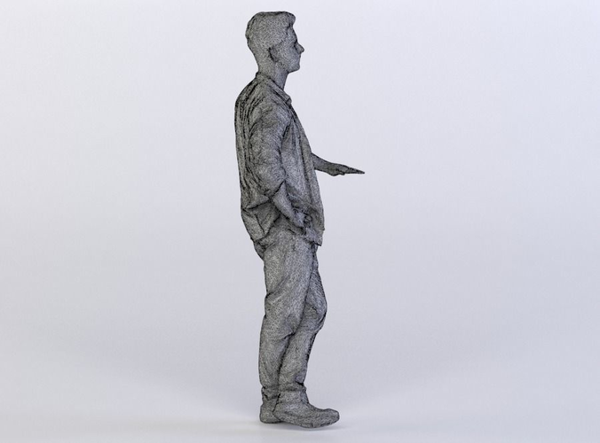 Leo 0048 Man in a denim shirt resting on invisible table, legs crossed