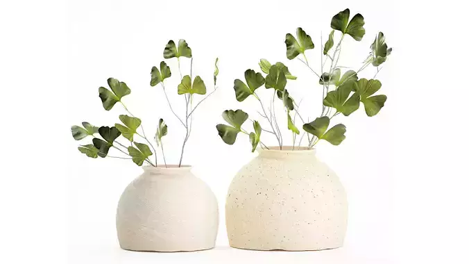 Realistic bouquet green flowers ginkgo leave vase decor 3D model