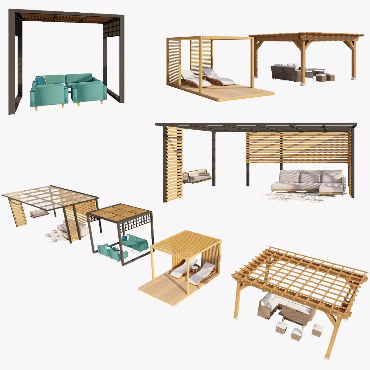 Modern Pergola Patio Set with Sitting and Loungers 3D model